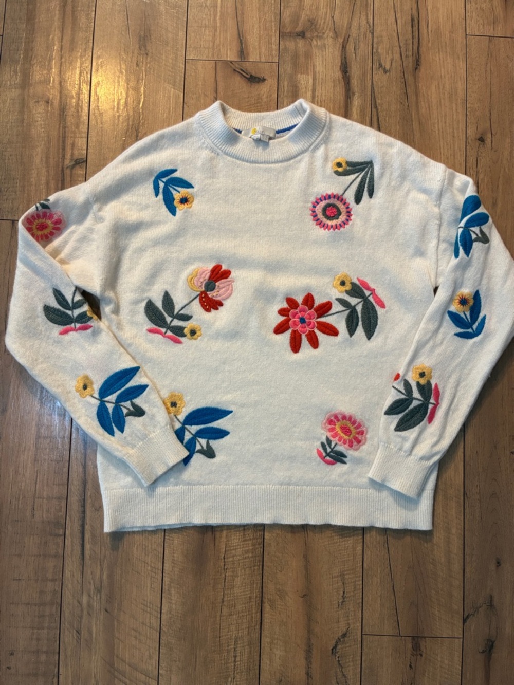 Boden White Floral Embroidered Crewneck Sweater - Women's
